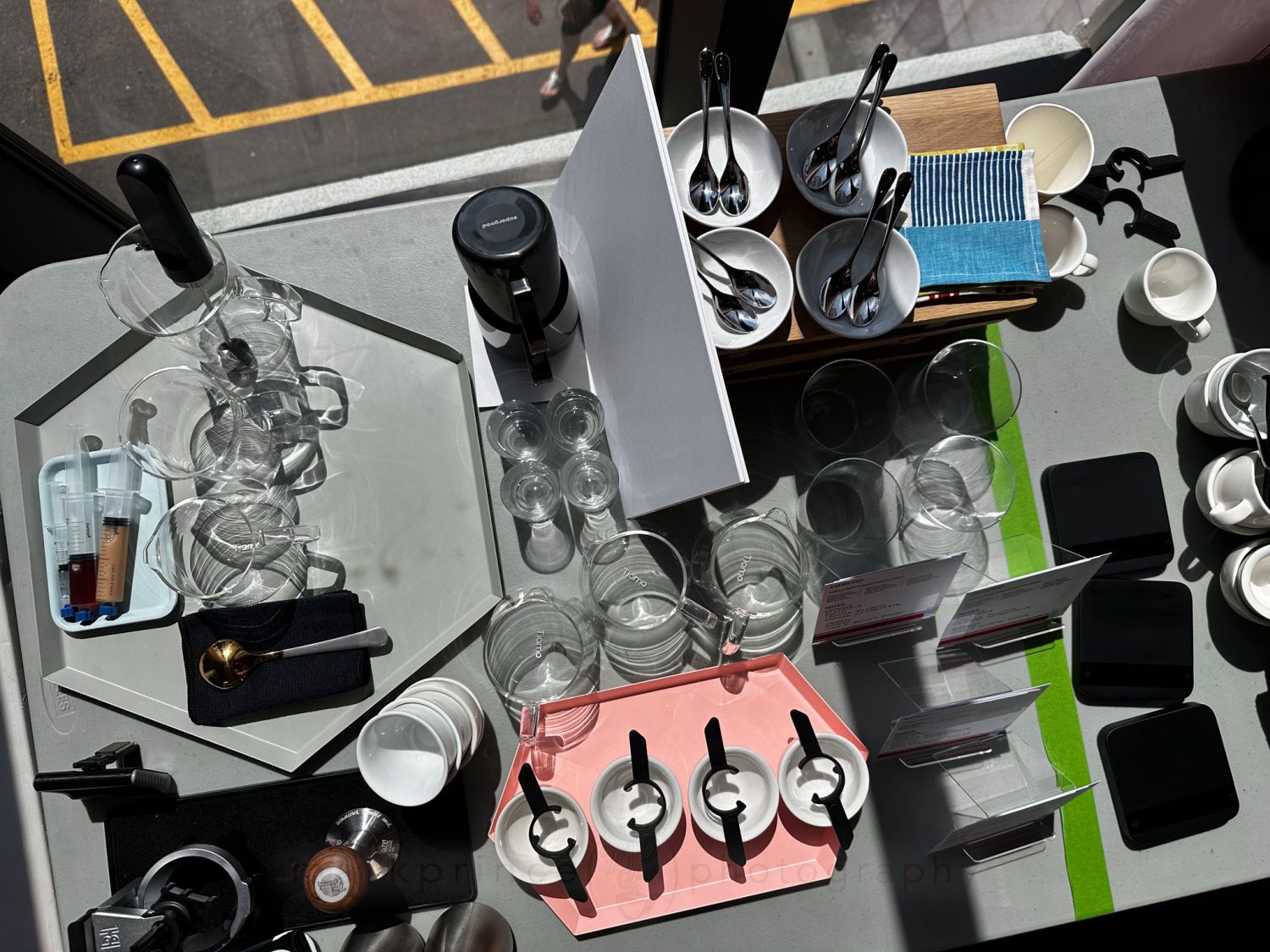 A lot of setup and prep goes into a barista competition setup, not to mention a lot of gear.