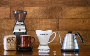 Using the Bonavita Immersion Brew device, showing grinder, brewer, and kettle.