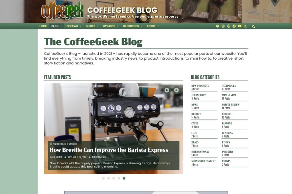 Screen capture of the main blog landing page, showing latest content in a slider window and all the blog categories