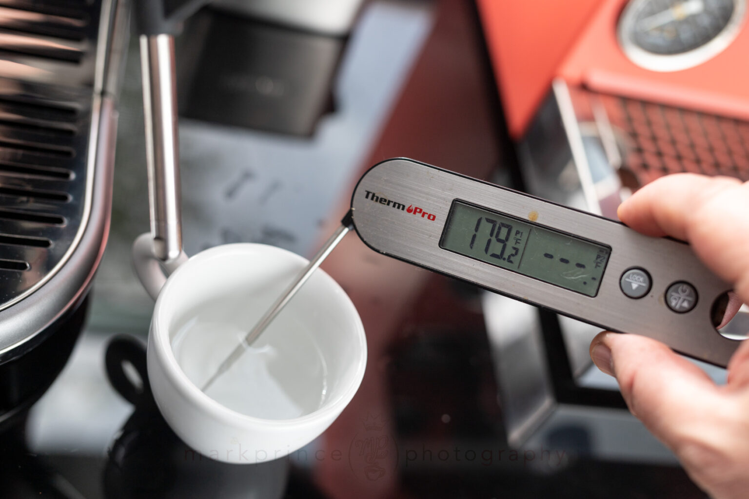 The Bambino can output consistent water at around 190F or higher, (this example shows how the cup cooled it somewhat); great for tea and americanos.