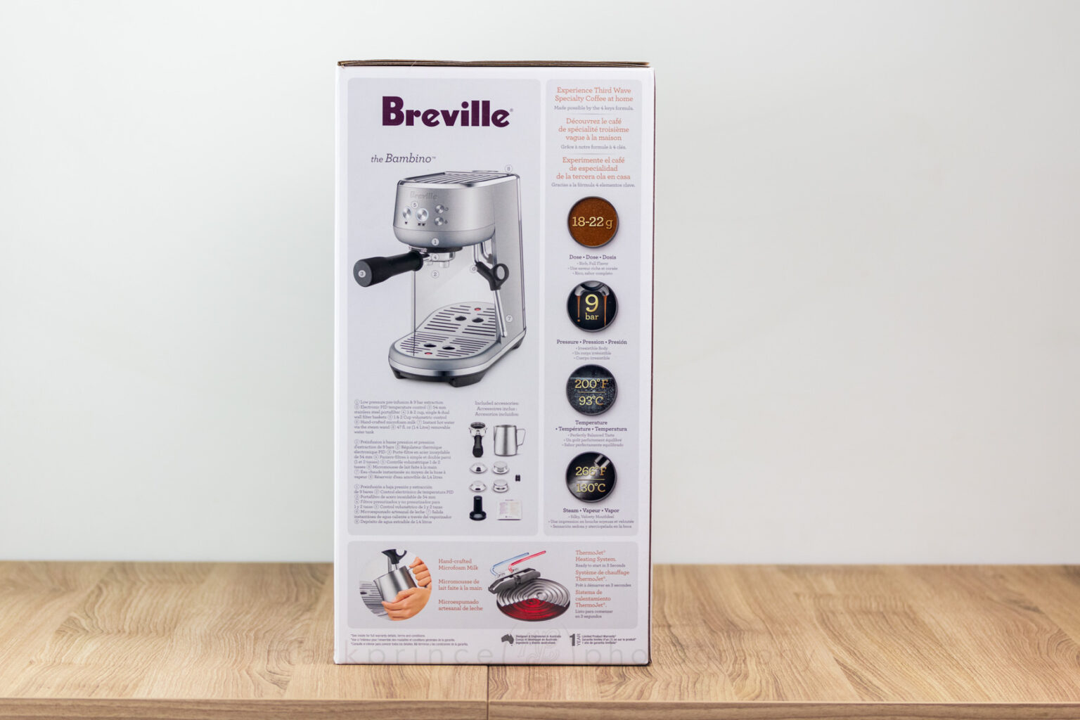 The back of The Bambino's box, showcasing the machine's main features