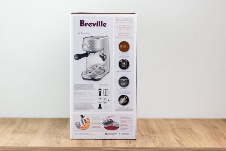 The back of The Bambino's box, showcasing the machine's main features