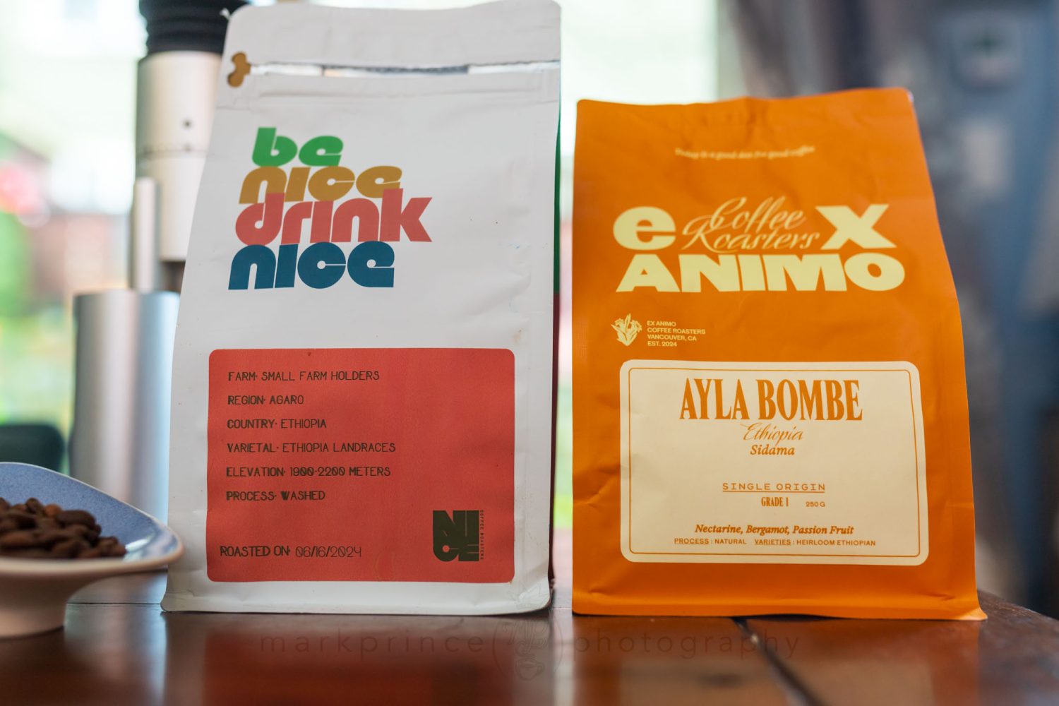 Two Ethiopian coffees, one washed processed, the other naturally processed. Most specialty coffees will note this.